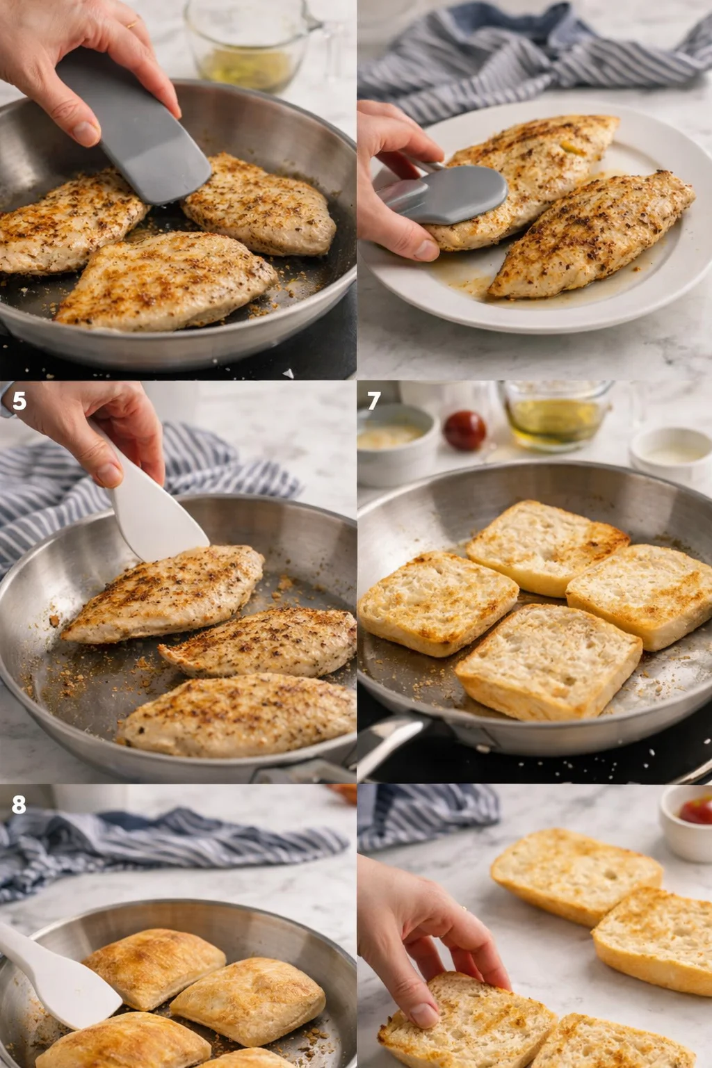collage of step-by-step cooking: searing chicken in a skillet, flipping with a gray spatula, then toasting bread slices
