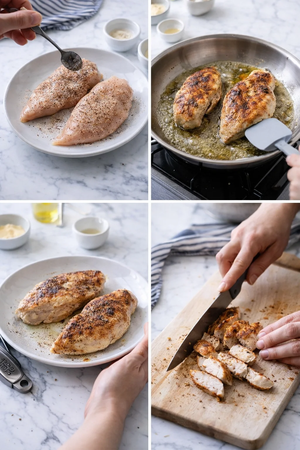 Four-panel collage of chicken breasts being seasoned, seared in a pan, and sliced on board.