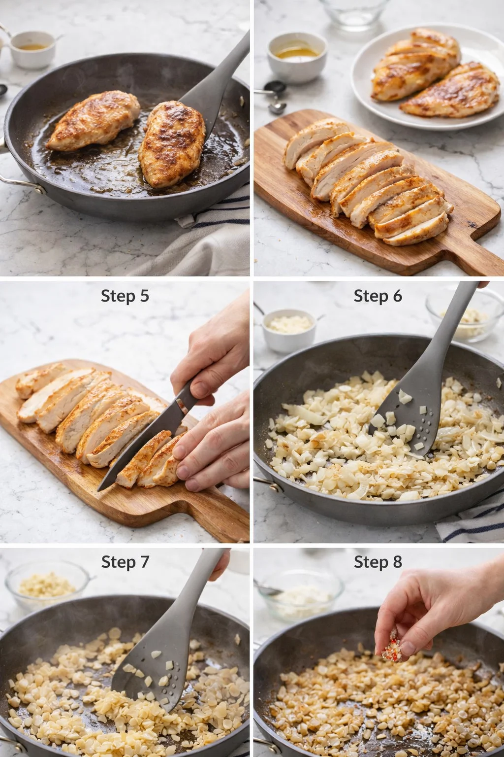 collage of step-by-step chicken recipe: searing, slicing, and sautéing onions.