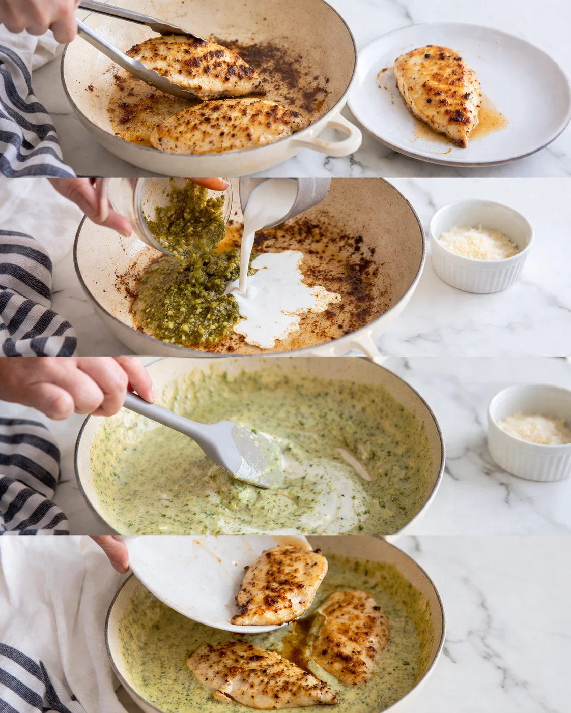 Hands searing chicken in a skillet, adding green herb sauce and cream, then serving on a plate.