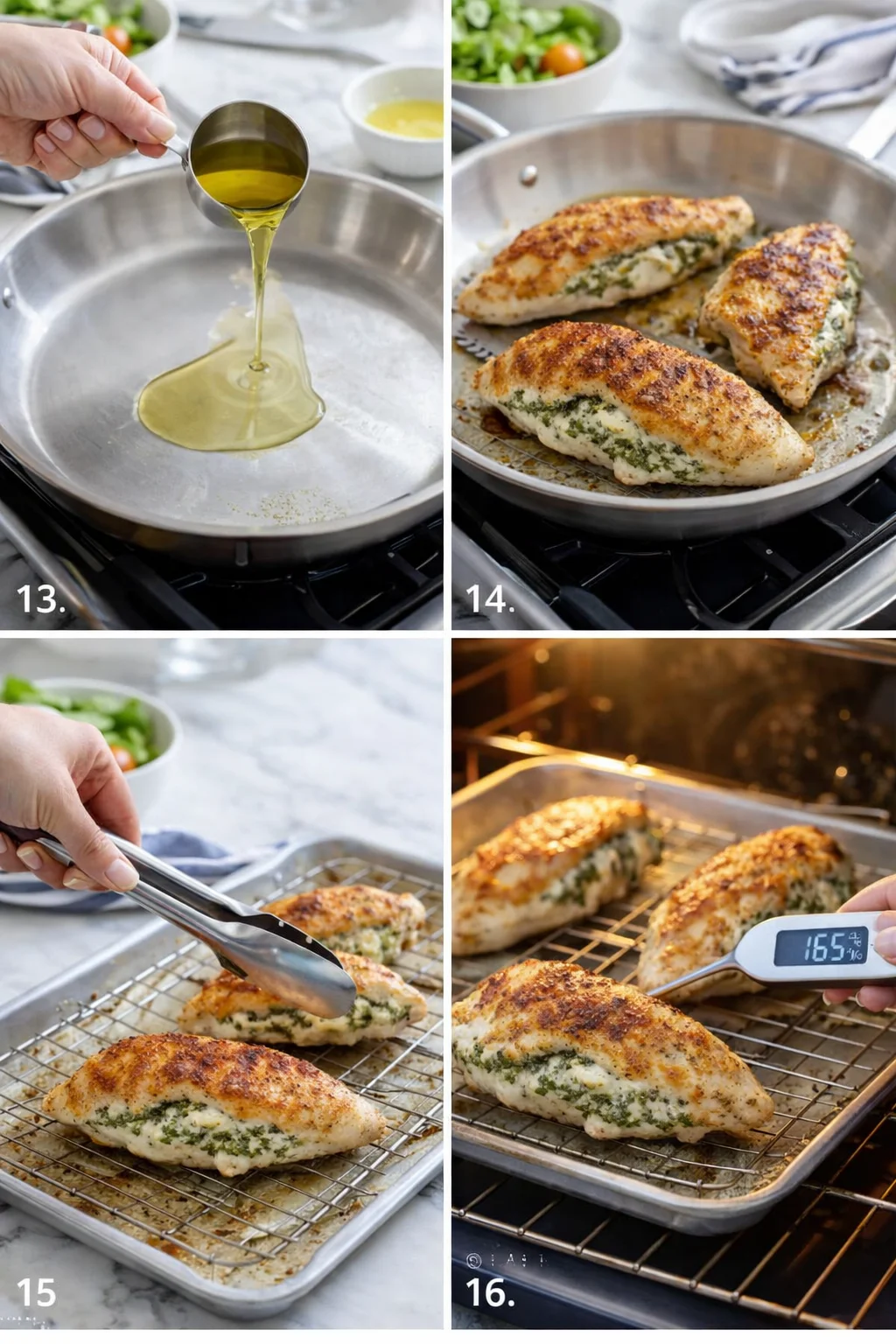 collage of oil pouring, seared herb-stuffed chicken, tongs, and a 165°F thermometer