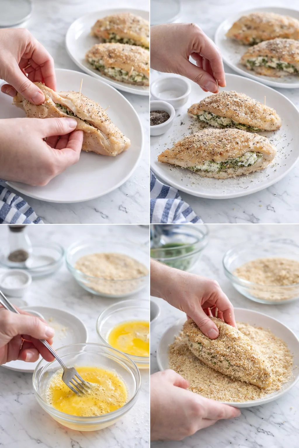 Four-panel collage showing hands stuffing, dipping, and breading herb-filled chicken fillets on a marble counter