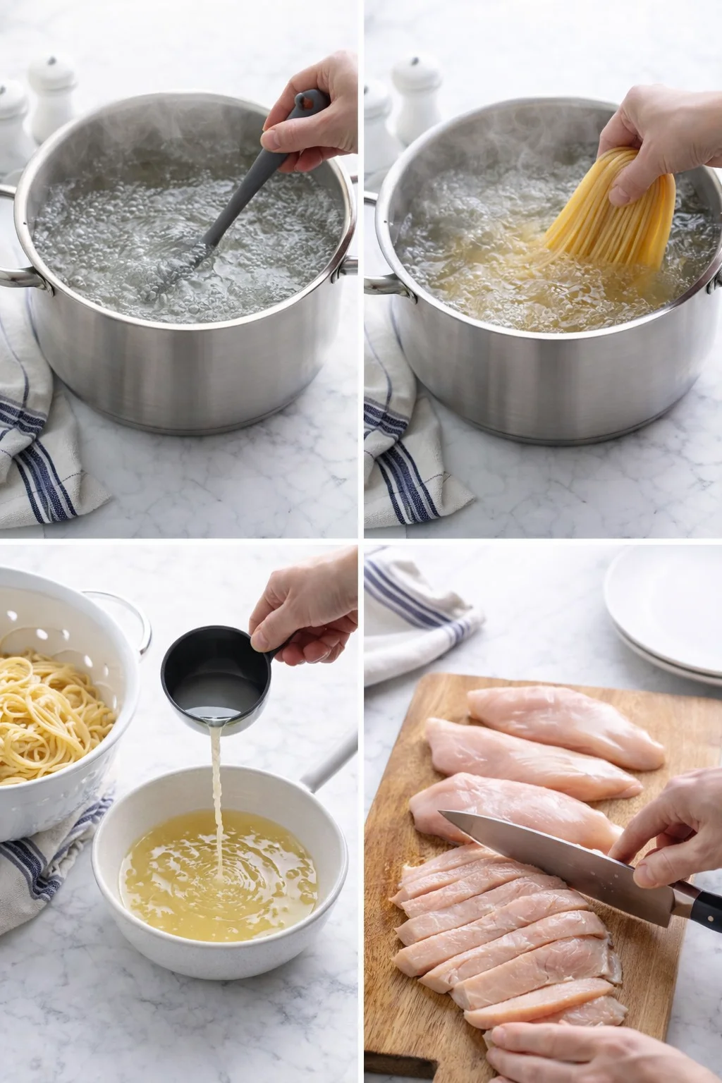 Collage of step-by-step cooking: boiling water, whisking pasta, pouring sauce, and slicing chicken.