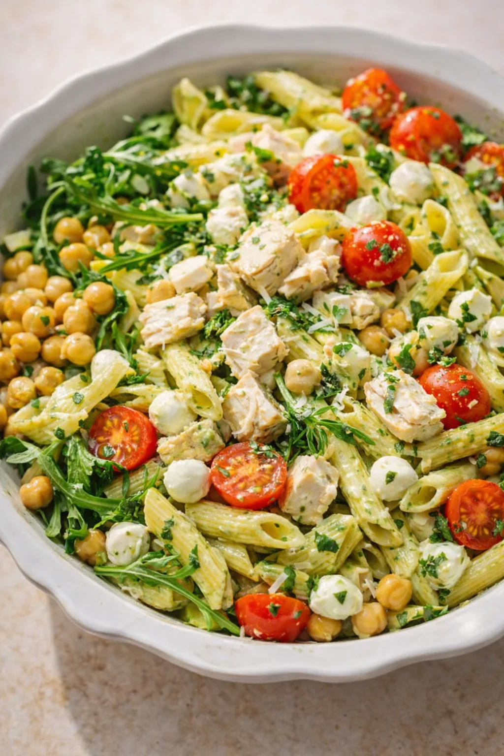 Creamy pasta with chickpeas, cherry tomatoes, arugula, mozzarella, and chicken.