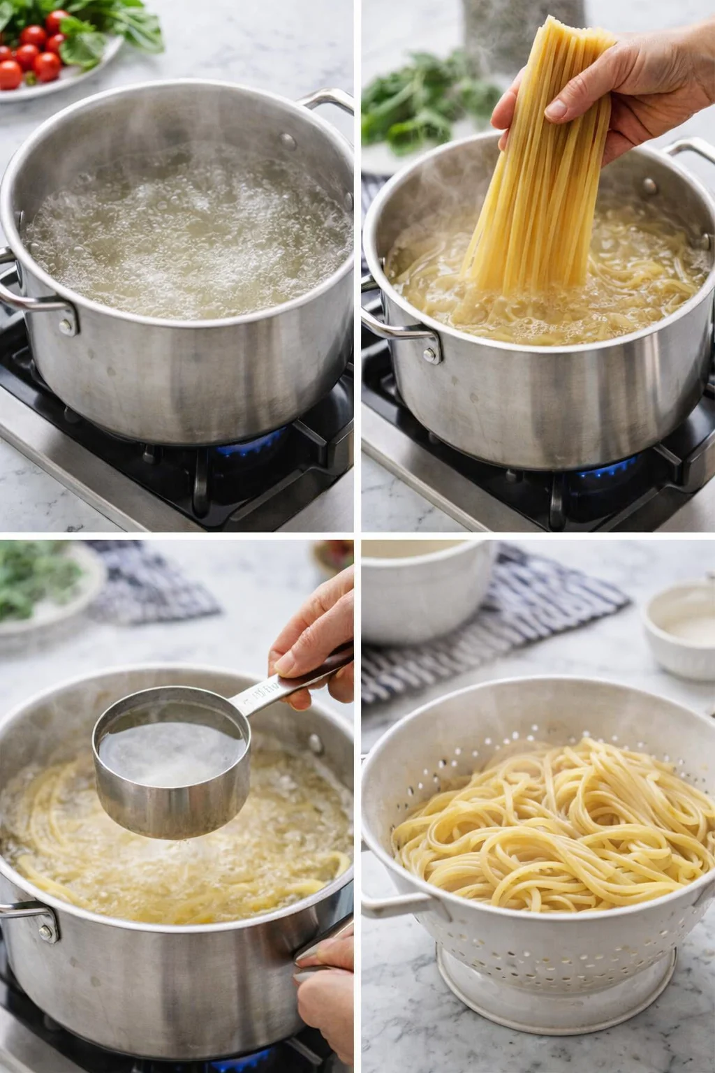 collage of a pot boiling pasta, adding spaghetti, measuring water, and drained noodles in a colander