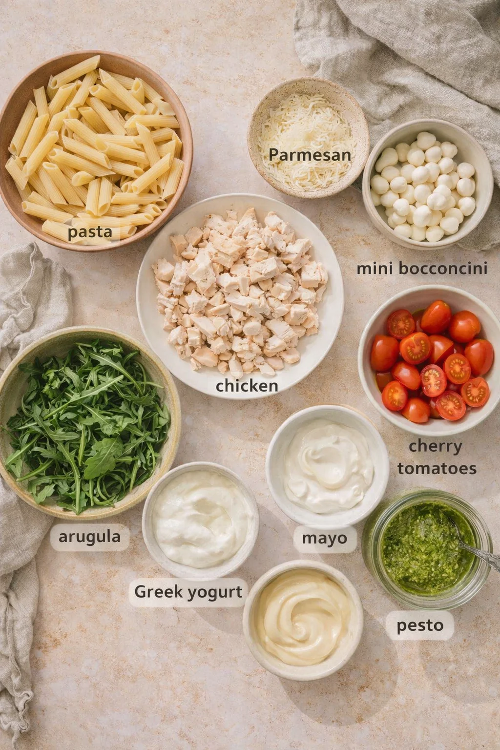 Overhead view of arranged pasta ingredients: penne, chicken, parmesan, bocconcini, cherry tomatoes, arugula, Greek yogurt, mayo, pesto.
