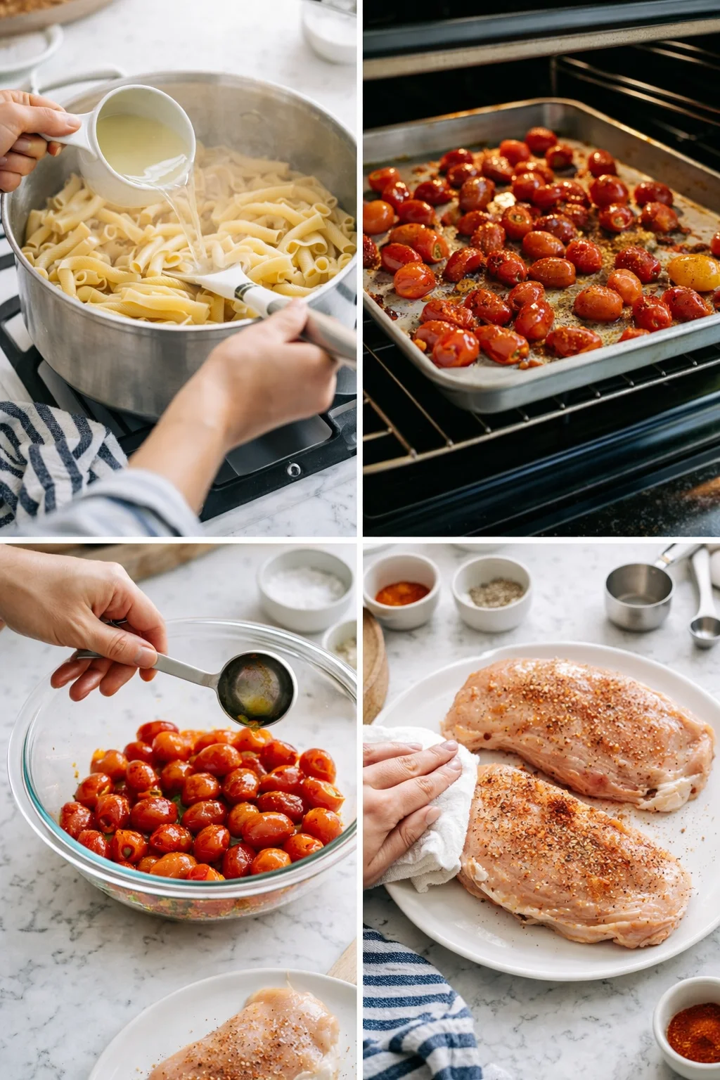 collage of four cooking steps: boiling pasta, roasting tomatoes, mixing sauce, and seasoned raw chicken.
