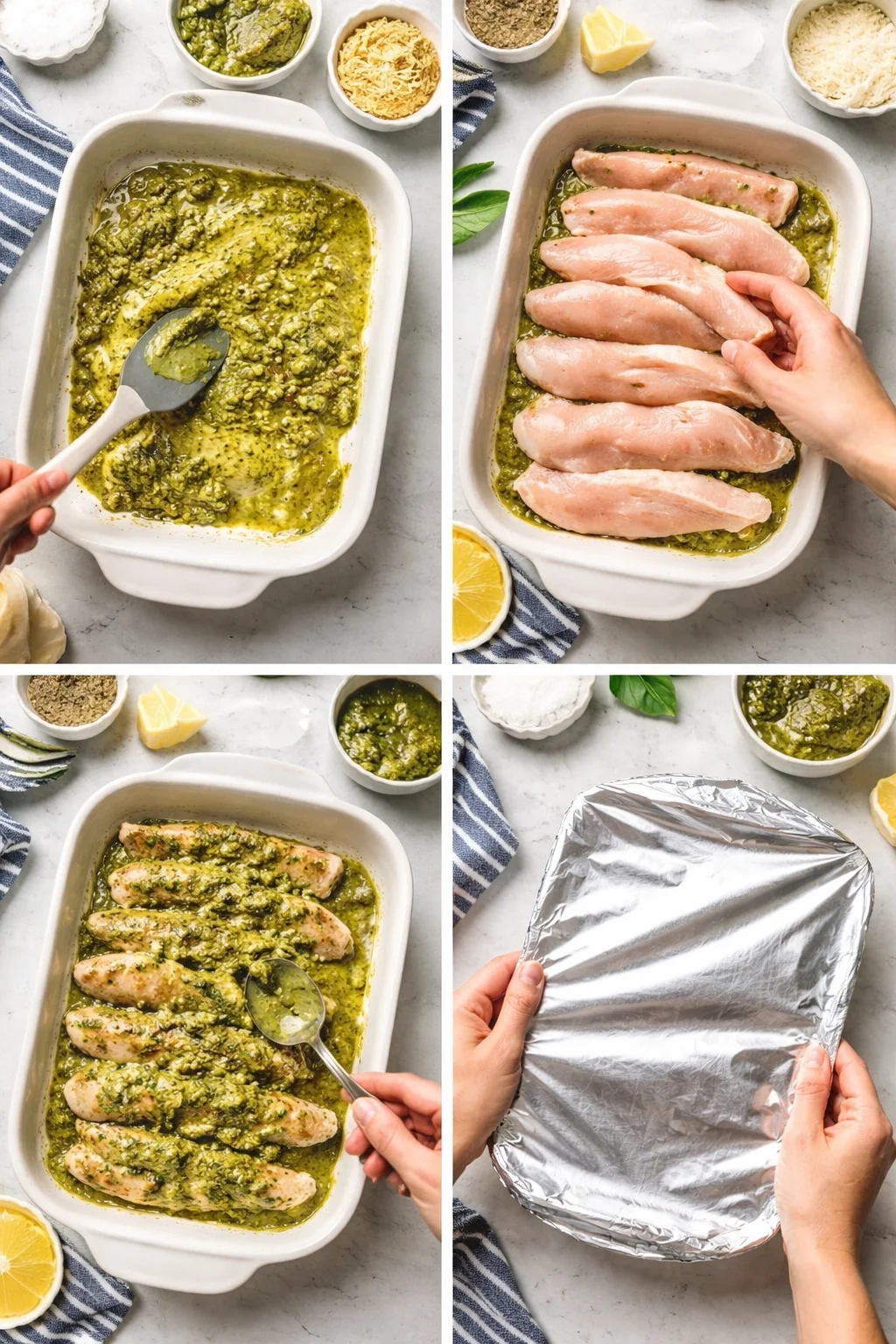 collage showing pesto sauce, arranged chicken, coated chicken, and foil-covered baking dish