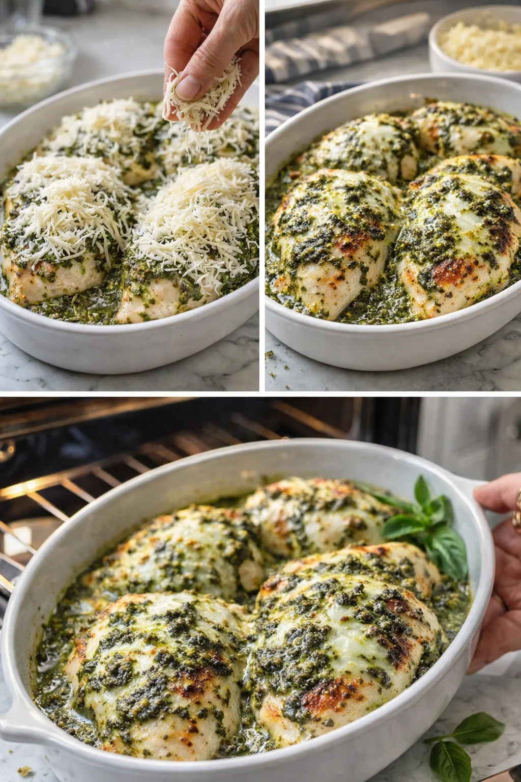 collage of pesto-coated chicken with shredded cheese in a white baking dish