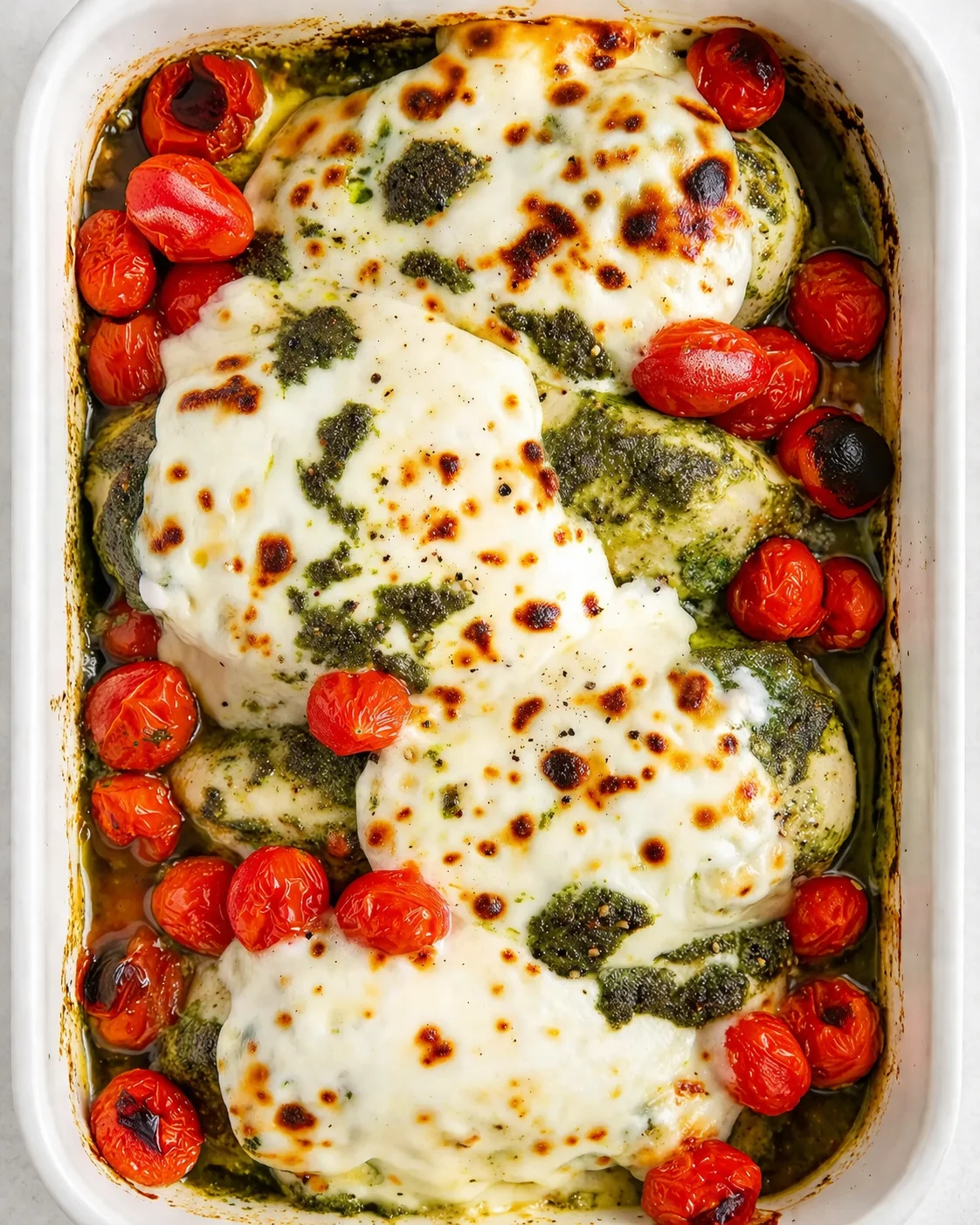 Two chicken portions smothered in melted mozzarella and pesto, surrounded by blistered cherry tomatoes in a white baking dish.