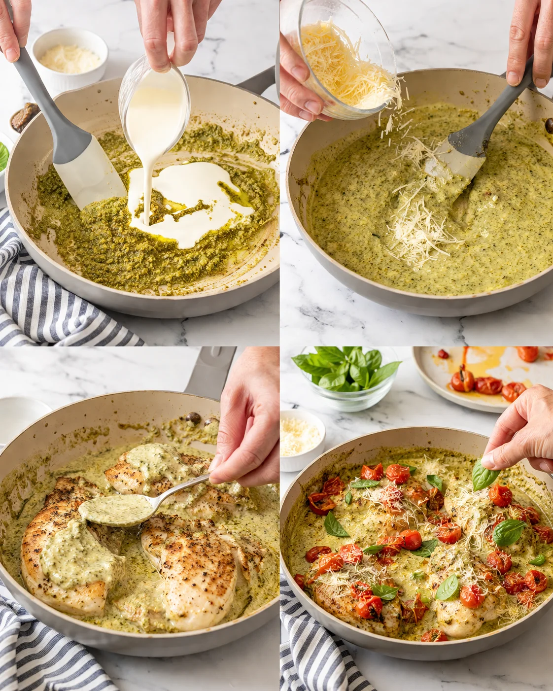 collage showing pesto chicken prep: pouring cream, adding cheese, cooking chicken in green sauce, finished dish with tomatoes and basil