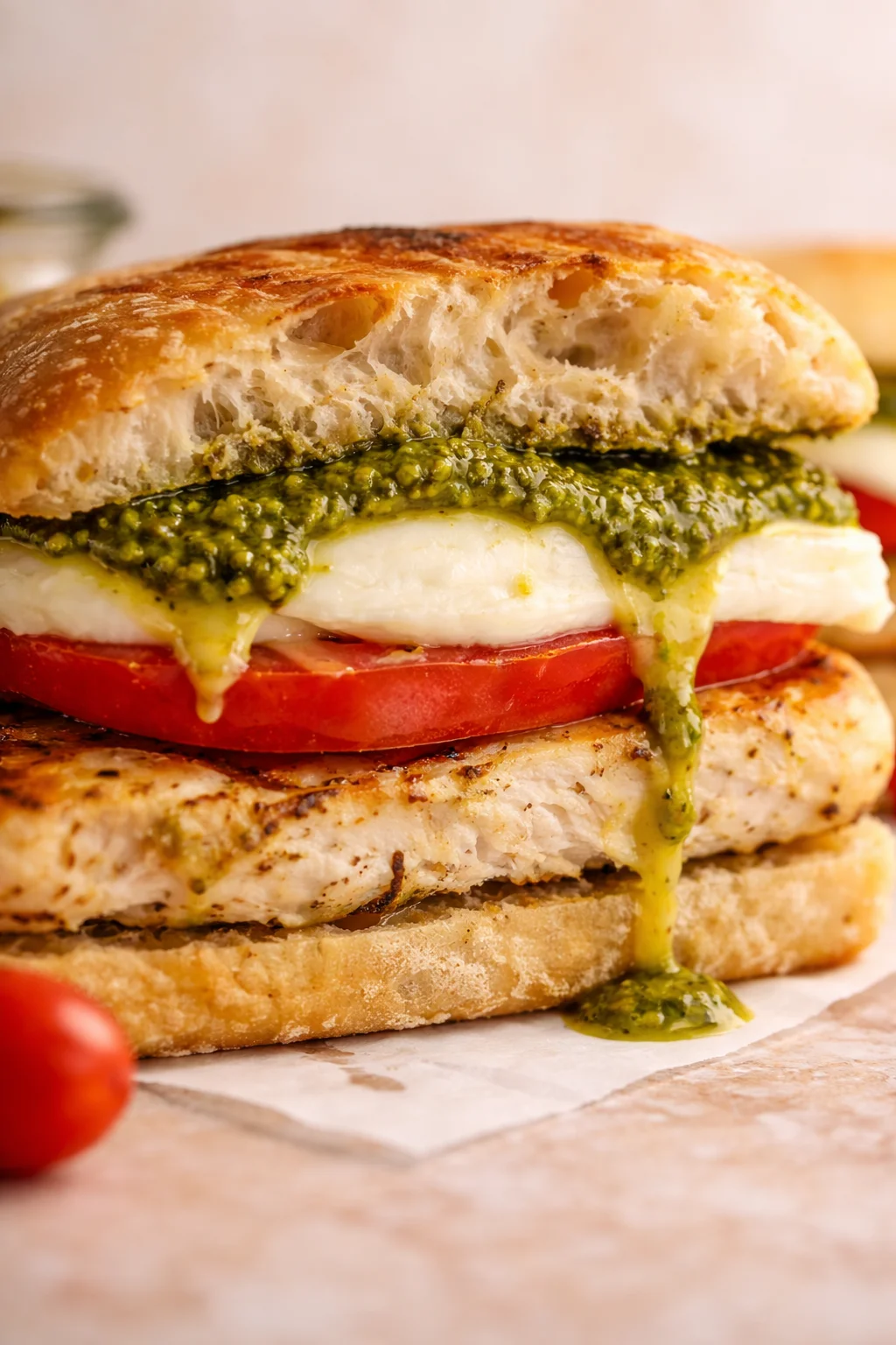close-up of a grilled sandwich with pesto, mozzarella, tomato, and chicken on toasted bread