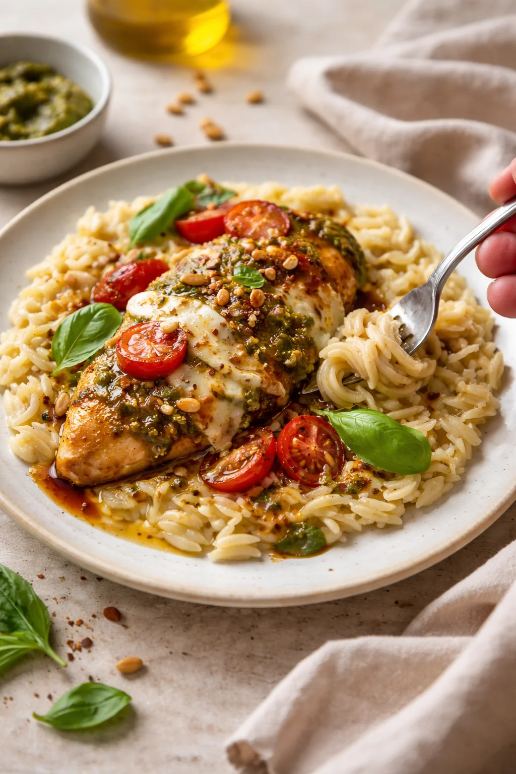 plated spiral pasta with pesto-coated chicken, cherry tomatoes, and fresh basil on a light plate