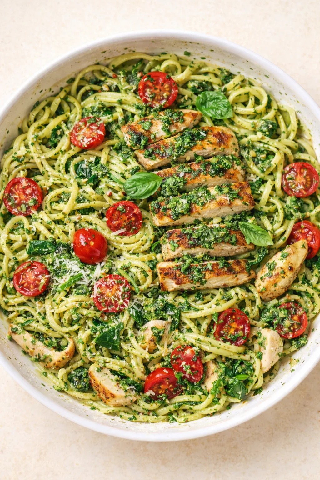 Bright pesto pasta topped with grilled chicken, cherry tomatoes, and basil in a white bowl.