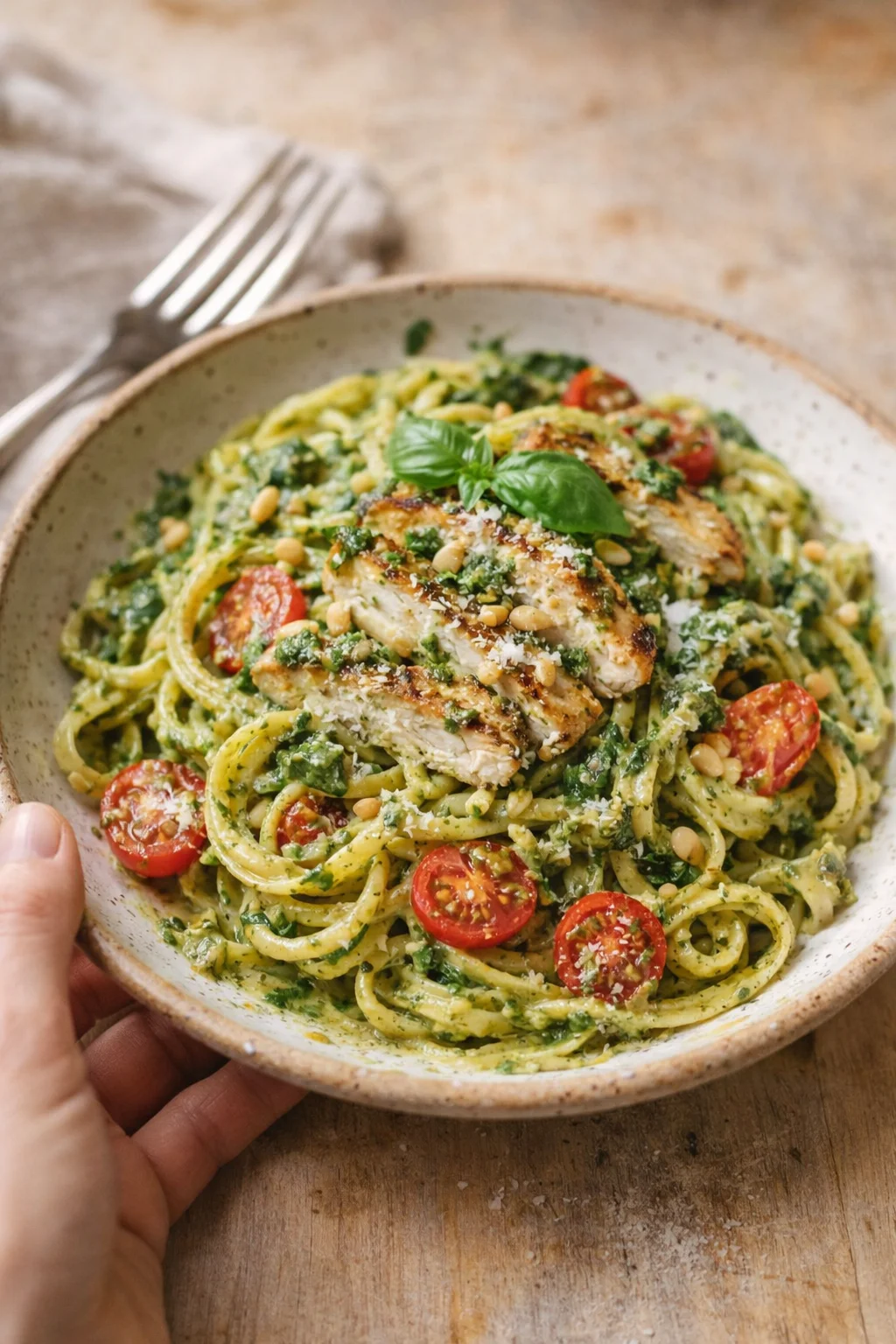 A rustic bowl of pesto-coated linguine with grilled chicken, cherry tomatoes, basil, and pine nuts.