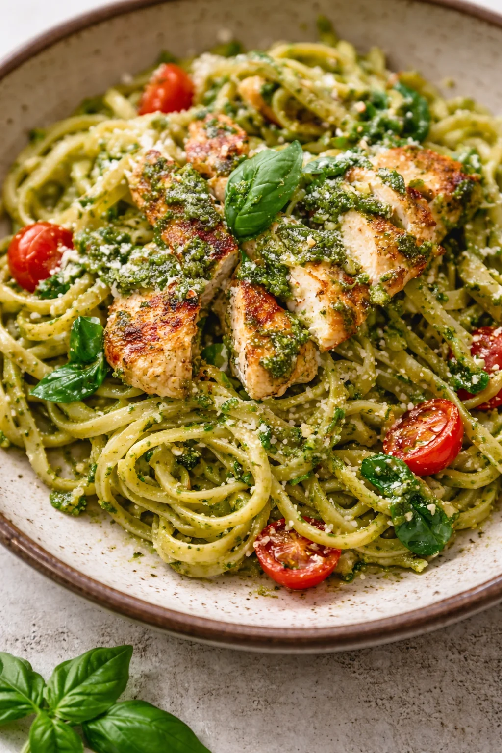 pasta with green pesto, sliced chicken, cherry tomatoes, and basil in a rustic ceramic bowl.