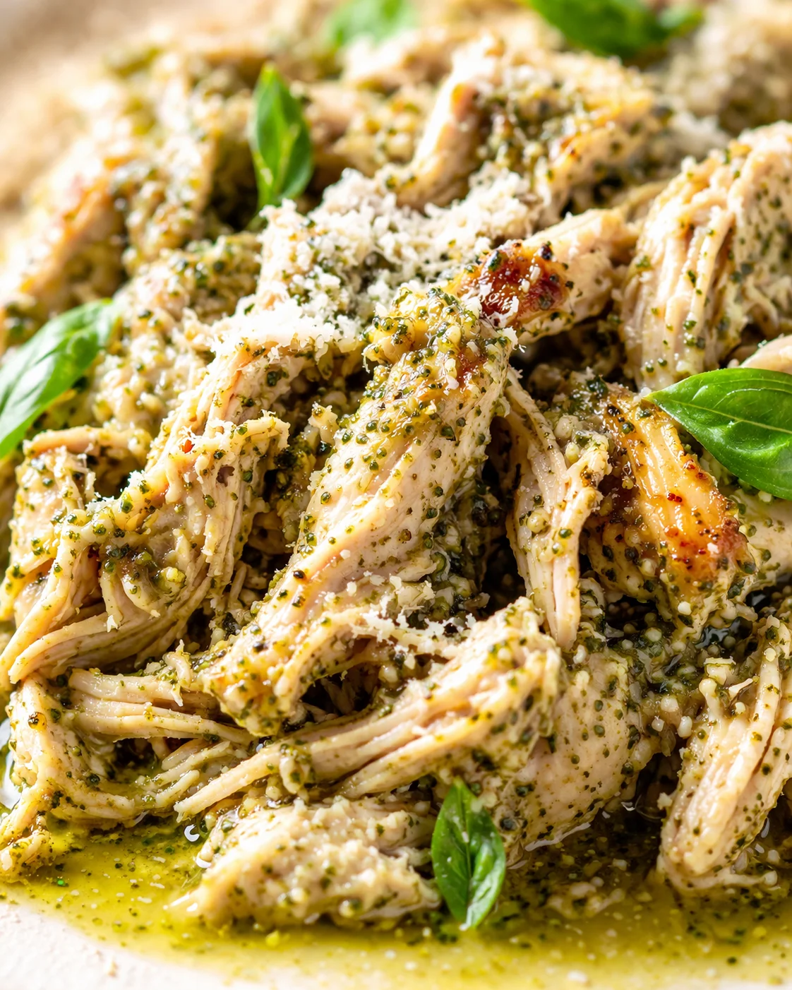 Close-up of pesto-coated pasta with chicken, parmesan, basil, and oil.