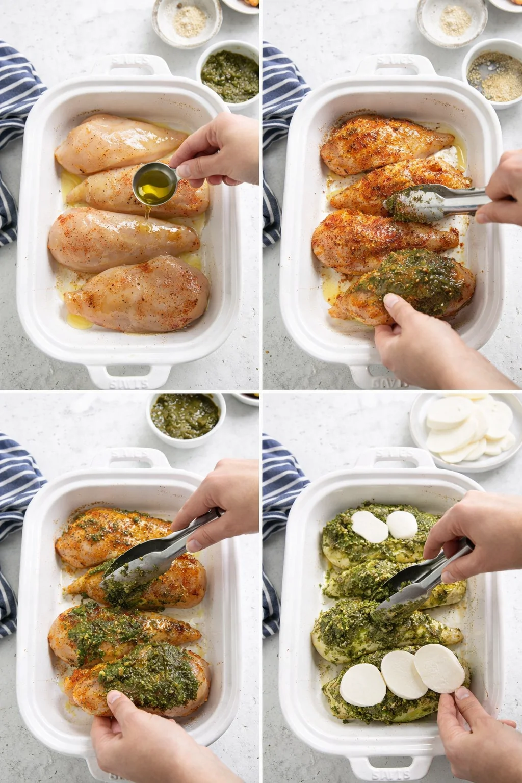 collage showing step-by-step chicken prep: oil poured, pesto spread, and mozzarella slices added