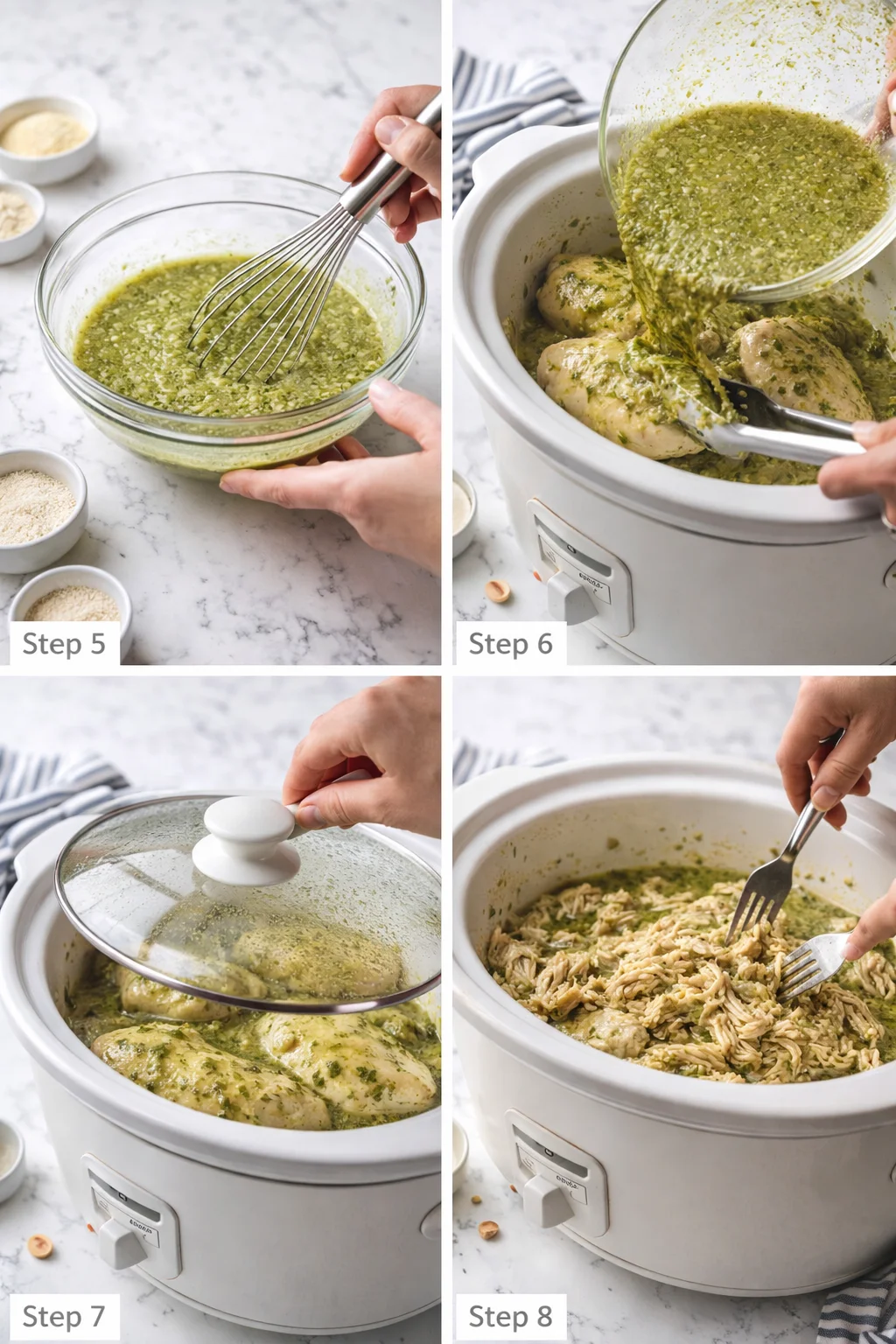 Four-panel collage showing pesto chicken in a slow cooker: whisking sauce, pouring over chicken, covering, shredding.