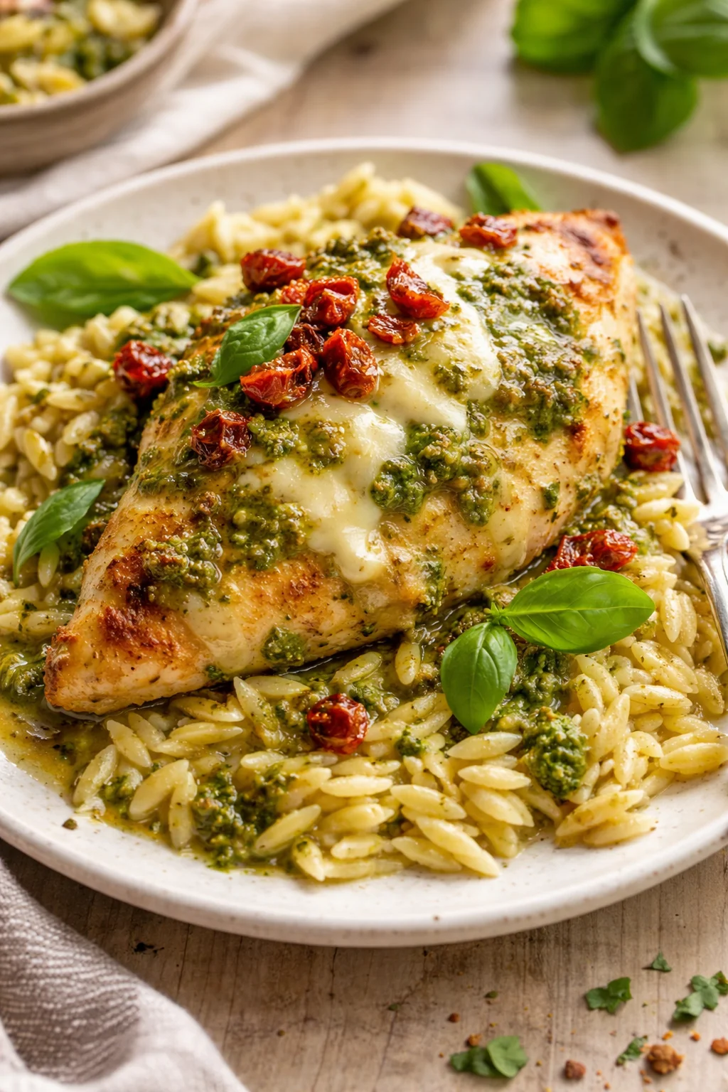 grilled chicken on orzo pasta, topped with pesto, sun-dried tomatoes, and fresh basil