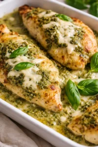 baked chicken breasts in pesto sauce with melted cheese and basil garnish