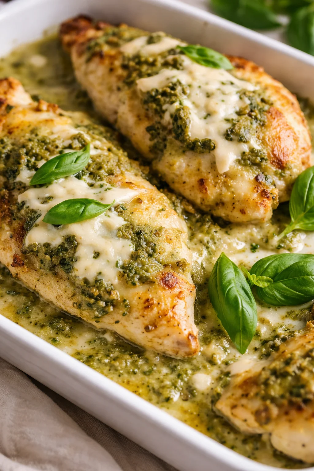 baked chicken breasts in pesto sauce with melted cheese and basil garnish