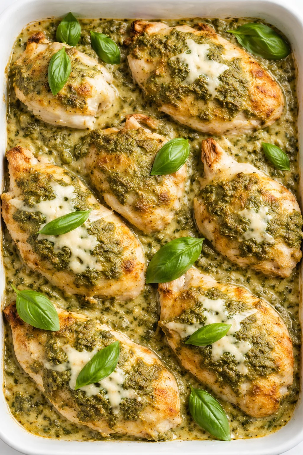 baked chicken breasts covered in green pesto with melted cheese and fresh basil.