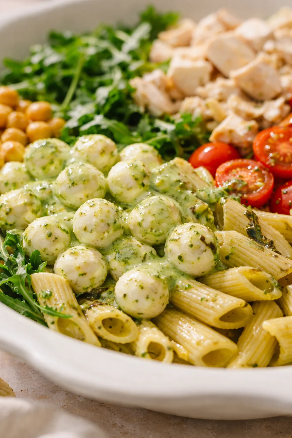 penne pasta with creamy pesto mozzarella balls, tomatoes, greens, and chicken in a bowl