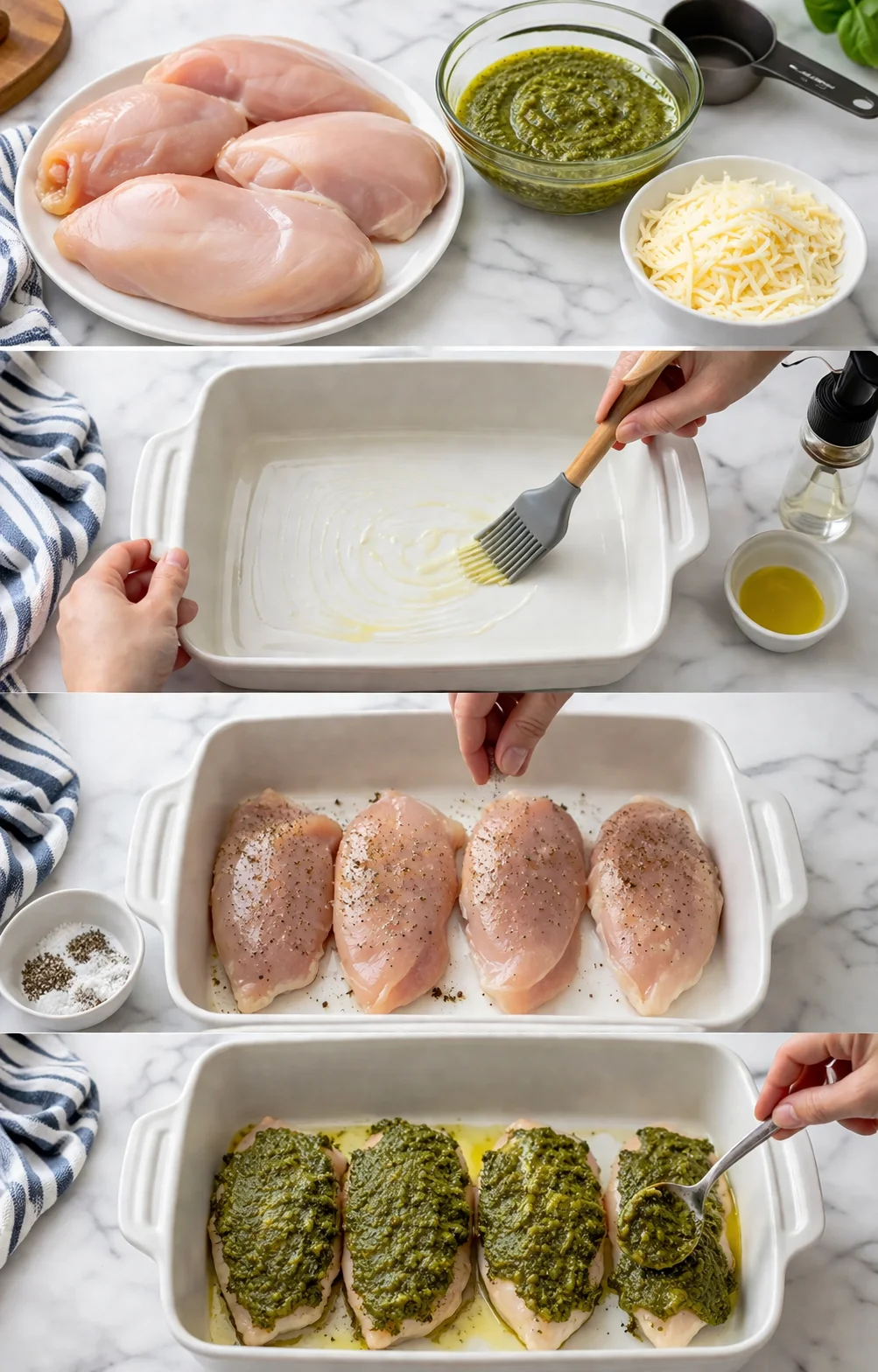 raw chicken breasts with pesto topping ready to bake on a marble kitchen counter