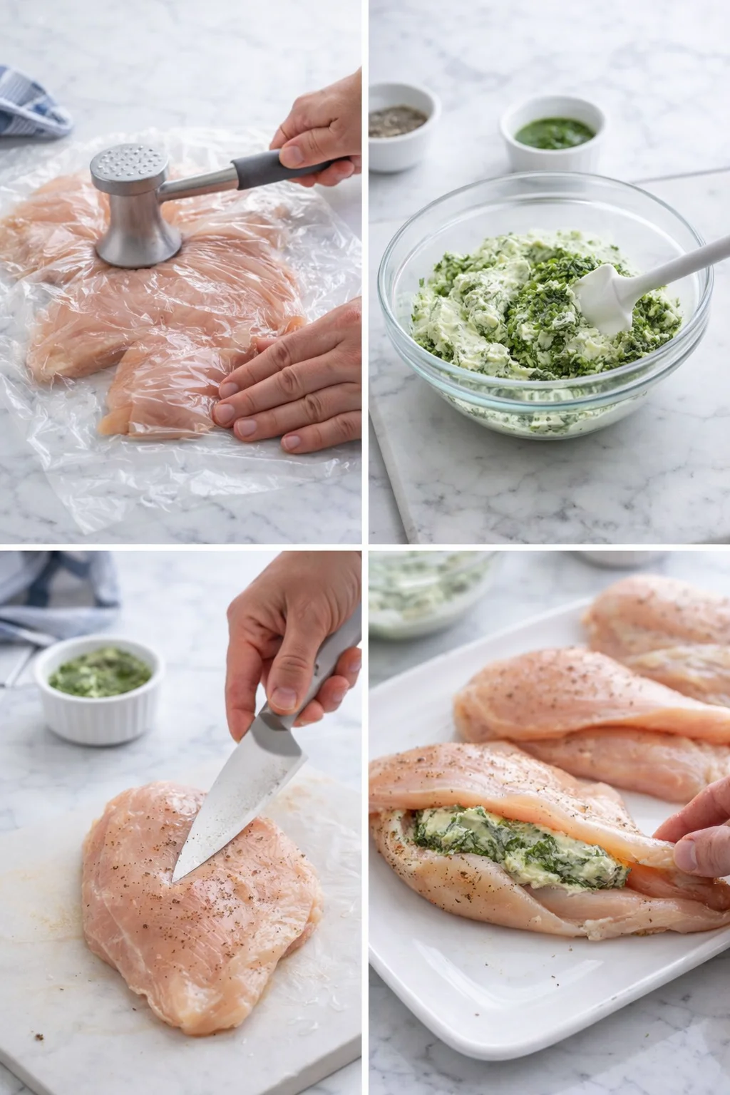 four-panel collage of chicken preparation steps: pounding, herb-cheese filling, and stuffed chicken breasts.
