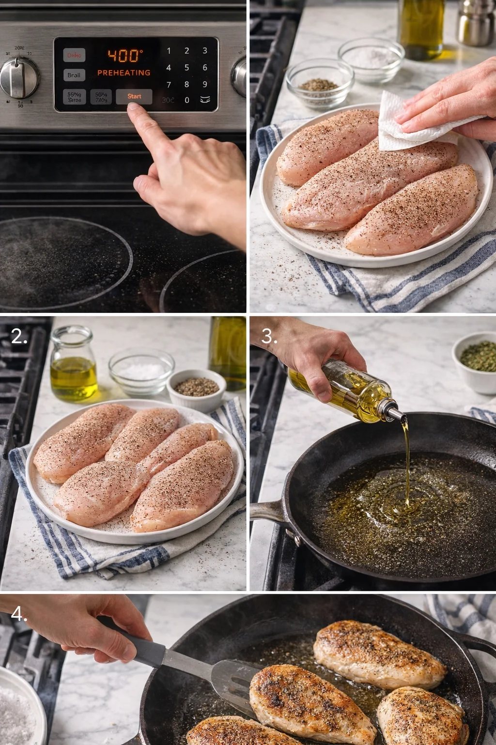 Collage showing oven preheat, seasoned chicken, oil being poured, and chicken browning