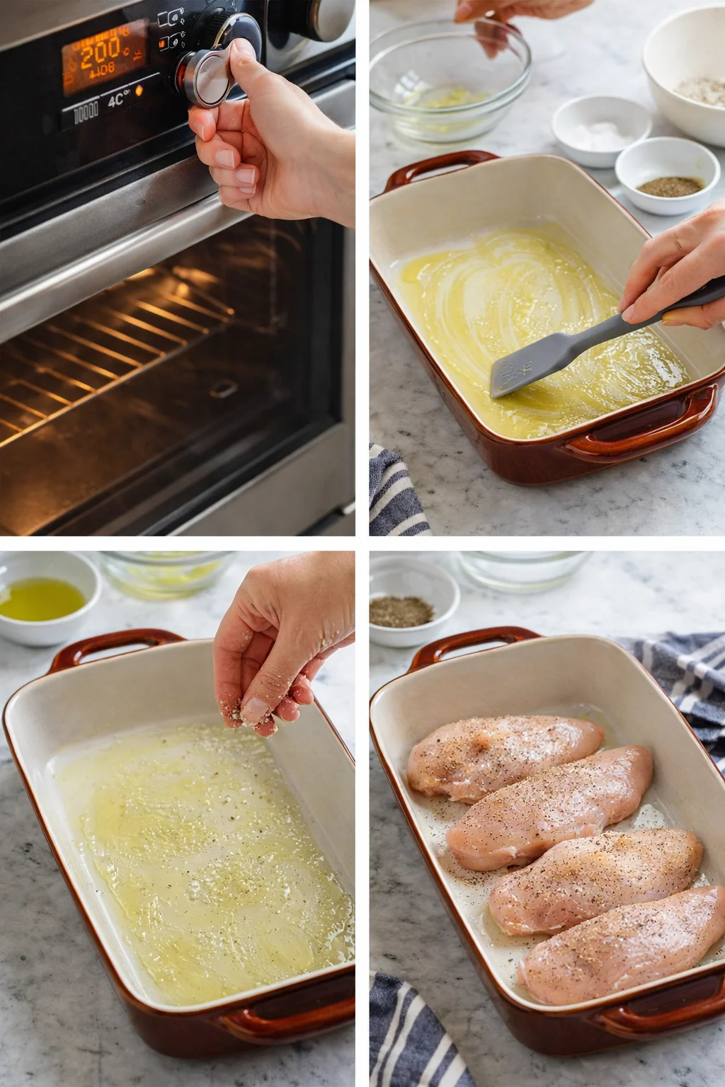 four-panel collage showing oven preheating, spreading batter, seasoning, and chicken breasts ready for baking