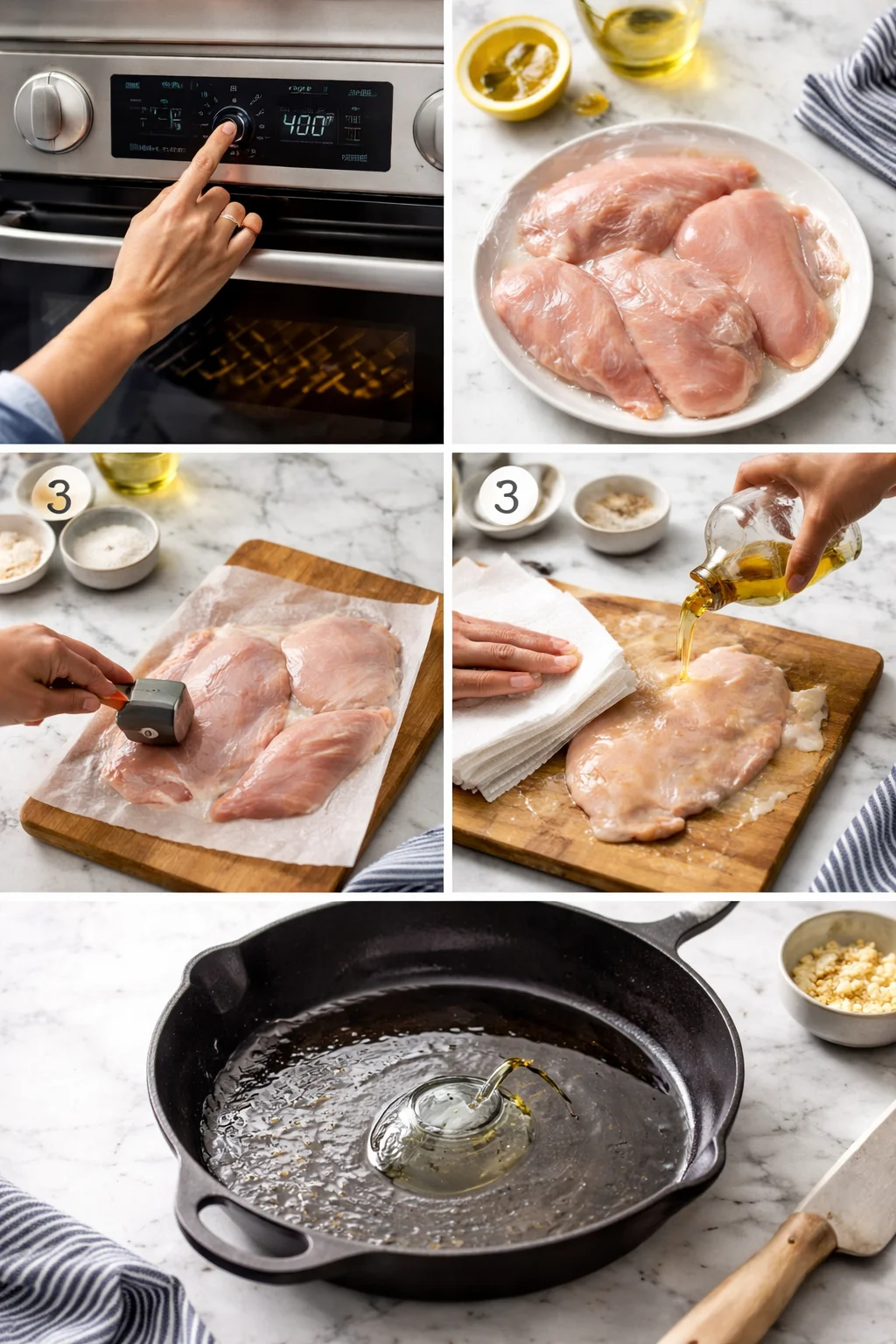 collage of chicken-thighs prep steps: oven preheating, raw thighs on parchment, pounding, oiling, and frying.
