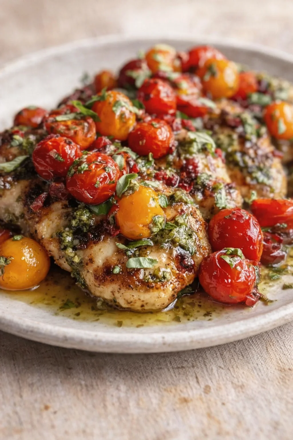 pan-seared chicken with blistered cherry tomatoes and herb sauce on a rustic plate