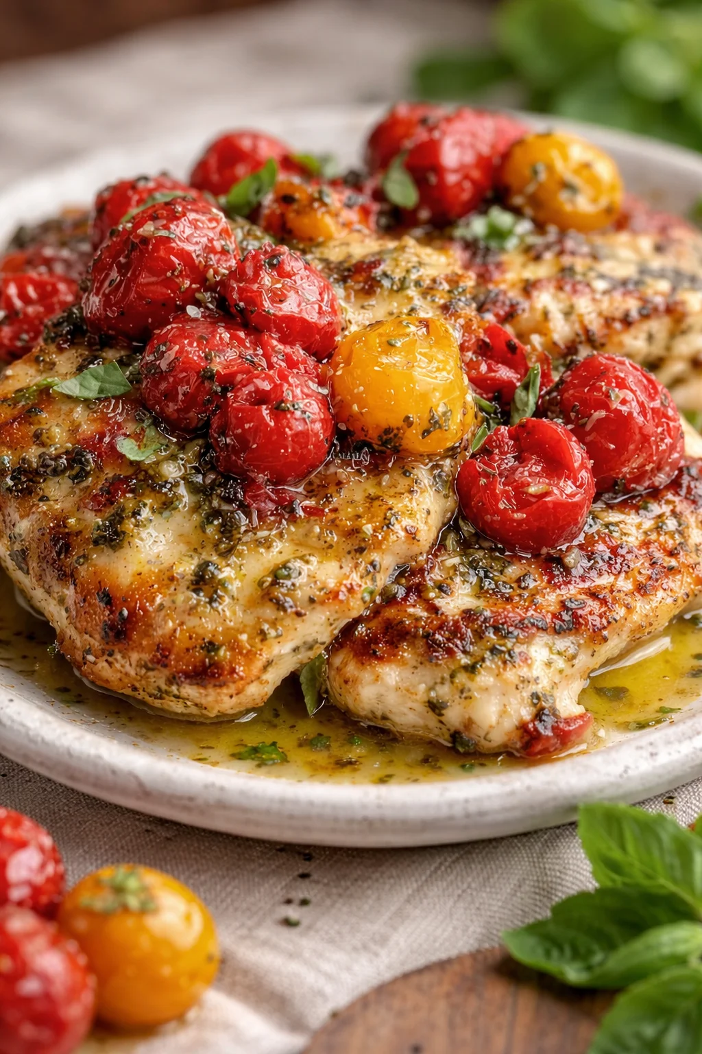 plated roasted chicken thighs topped with red and yellow cherry tomatoes, herbs, and olive oil