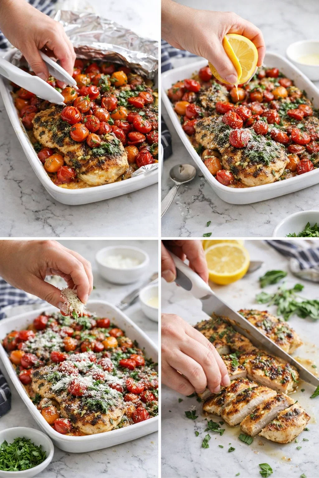 collage of chicken with roasted cherry tomatoes in a white pan, lemon, and parmesan