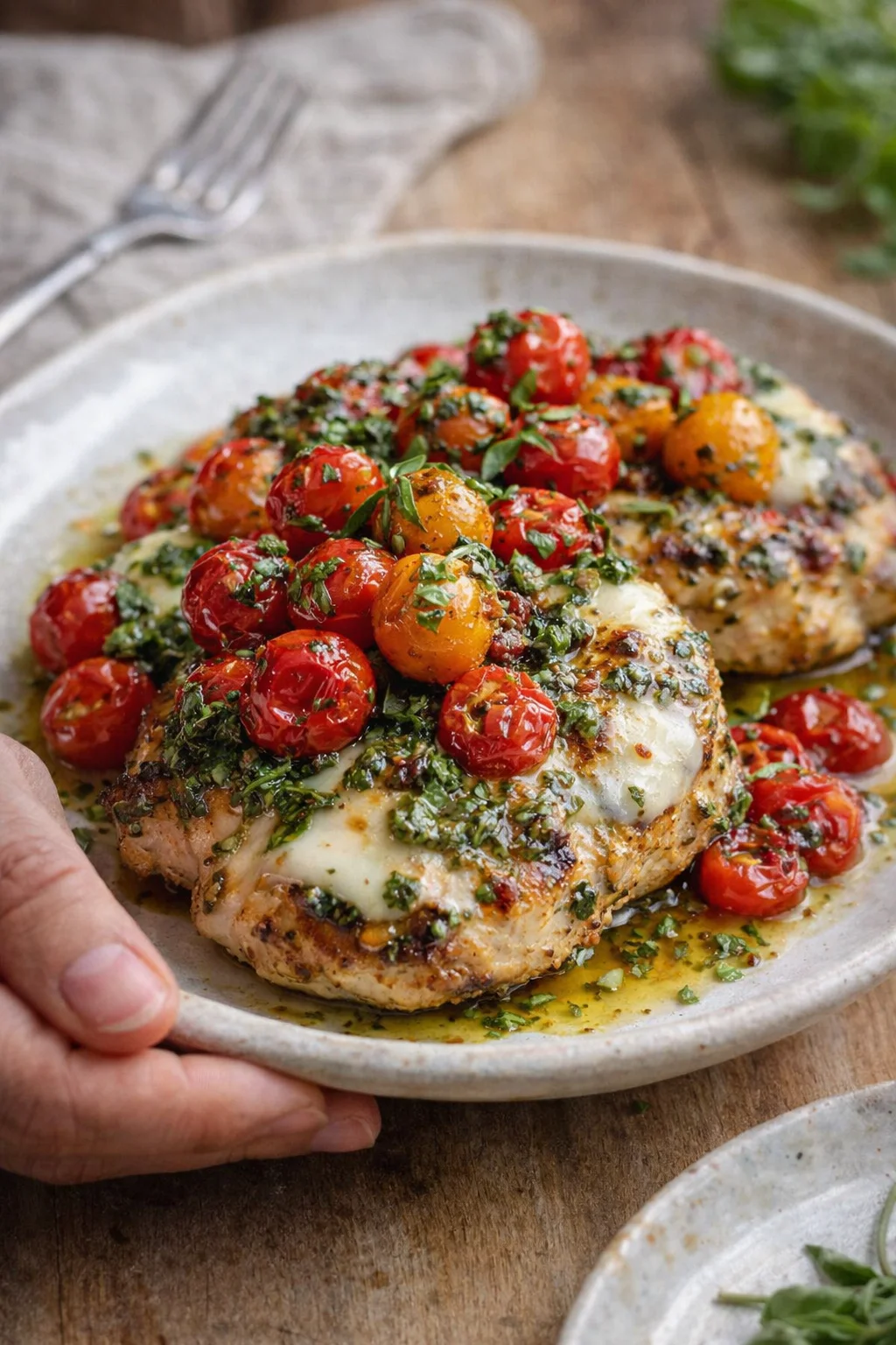 plated chicken topped with roasted cherry tomatoes and herbs on a rustic ceramic plate