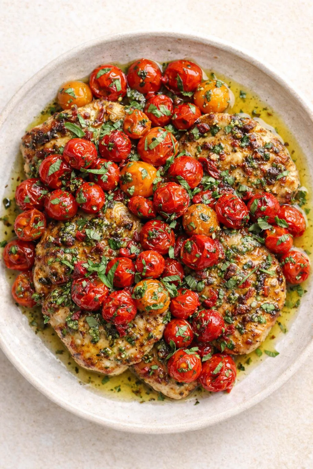 overhead view of chicken topped with roasted cherry tomatoes and fresh herbs on a light ceramic plate