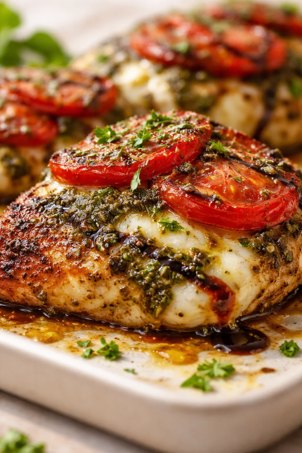 close-up of roasted chicken topped with tomato slices and herb pesto in a white baking dish