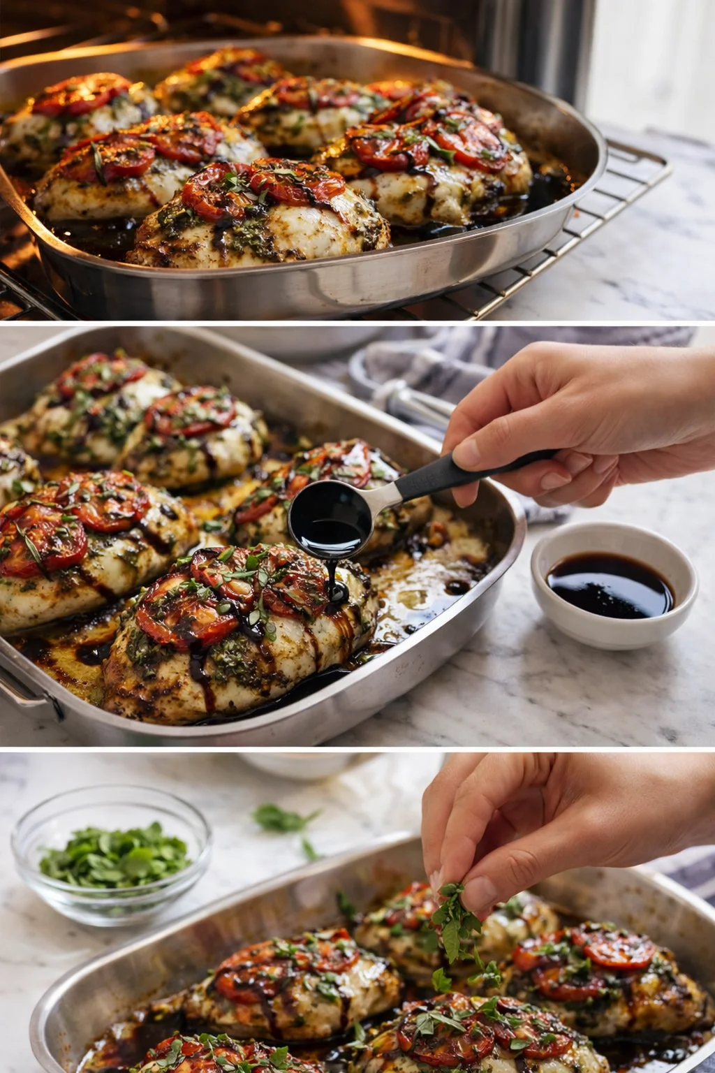 Roasted chicken with tomato slices and herbs, drizzled with balsamic glaze in a stainless pan.