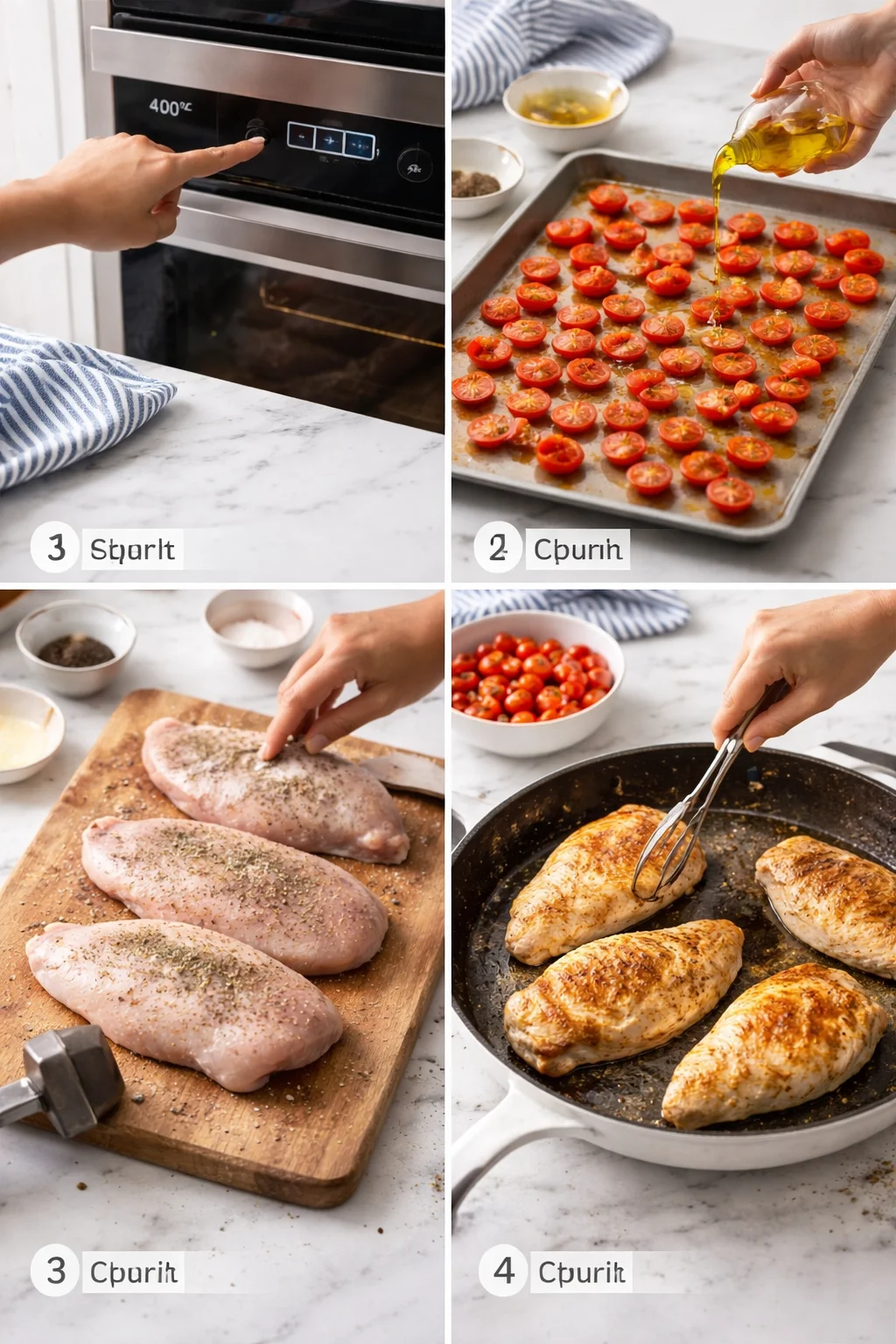 Collage of oven prep, cherry tomatoes on a tray, raw chicken on board, and pan-seared chicken in skillet.