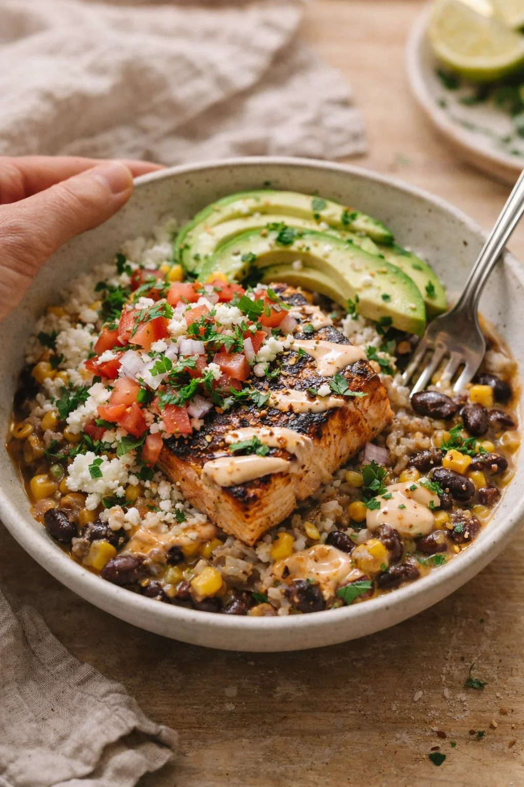 salmon fillet on a rice-bean-corn bowl with avocado slices and tomato-cilantro garnish