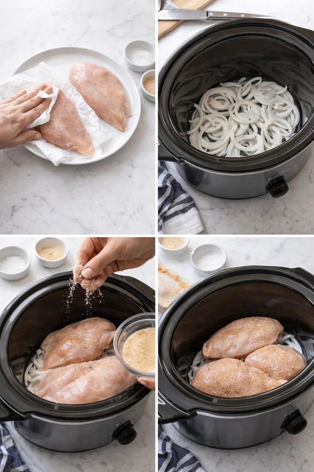 Collage showing chicken breasts and onions prepared in a slow cooker, with seasoning steps.