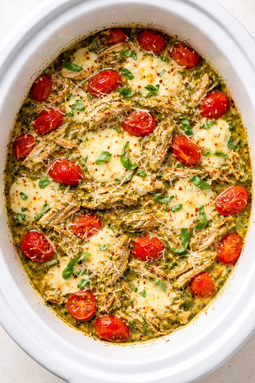 Creamy slow-cooker chicken dish with cherry tomatoes and melted cheese in a white pot.