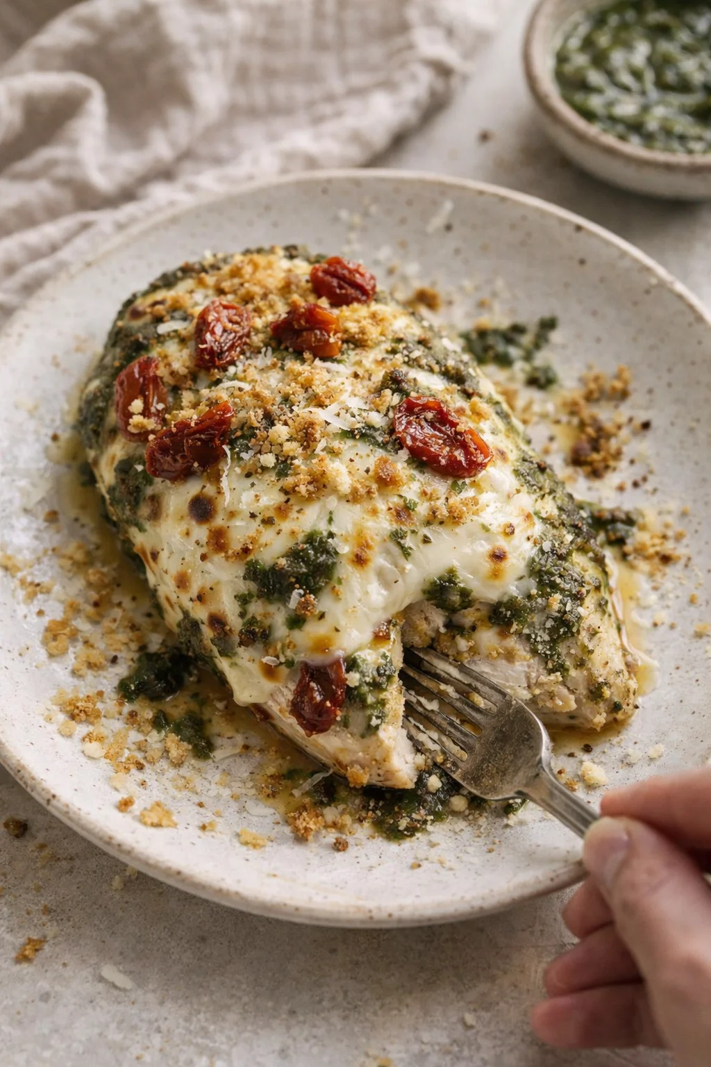 Creamy herb-crusted chicken on a speckled plate, topped with crumbs and sun-dried tomatoes.