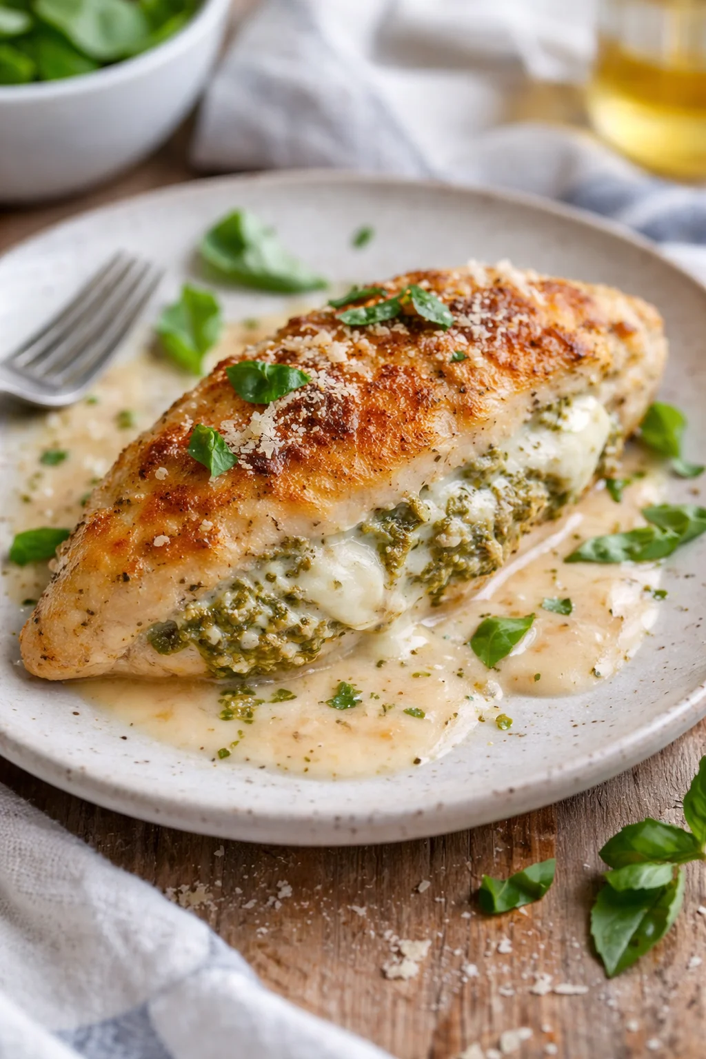 golden-brown crusted spinach-and-cheese stuffed chicken on a creamy herb sauce