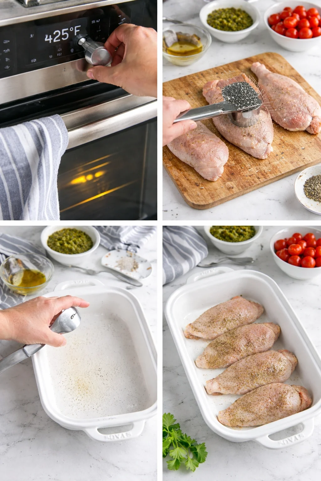 Four-panel kitchen collage: oven at 425F, drumsticks seasoned, prep bowls nearby.