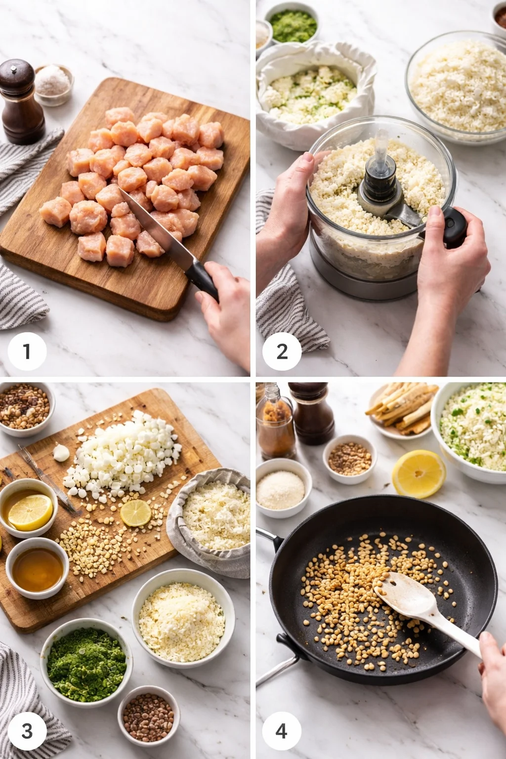 four-panel kitchen collage showing chicken dice, cauliflower rice, chopped aromatics, and toasted pine nuts