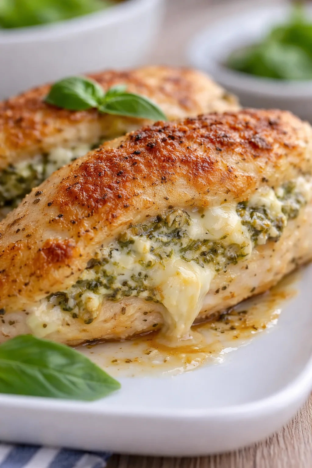 Close-up of golden, crusted stuffed chicken breasts oozing melted cheese and spinach filling, with basil