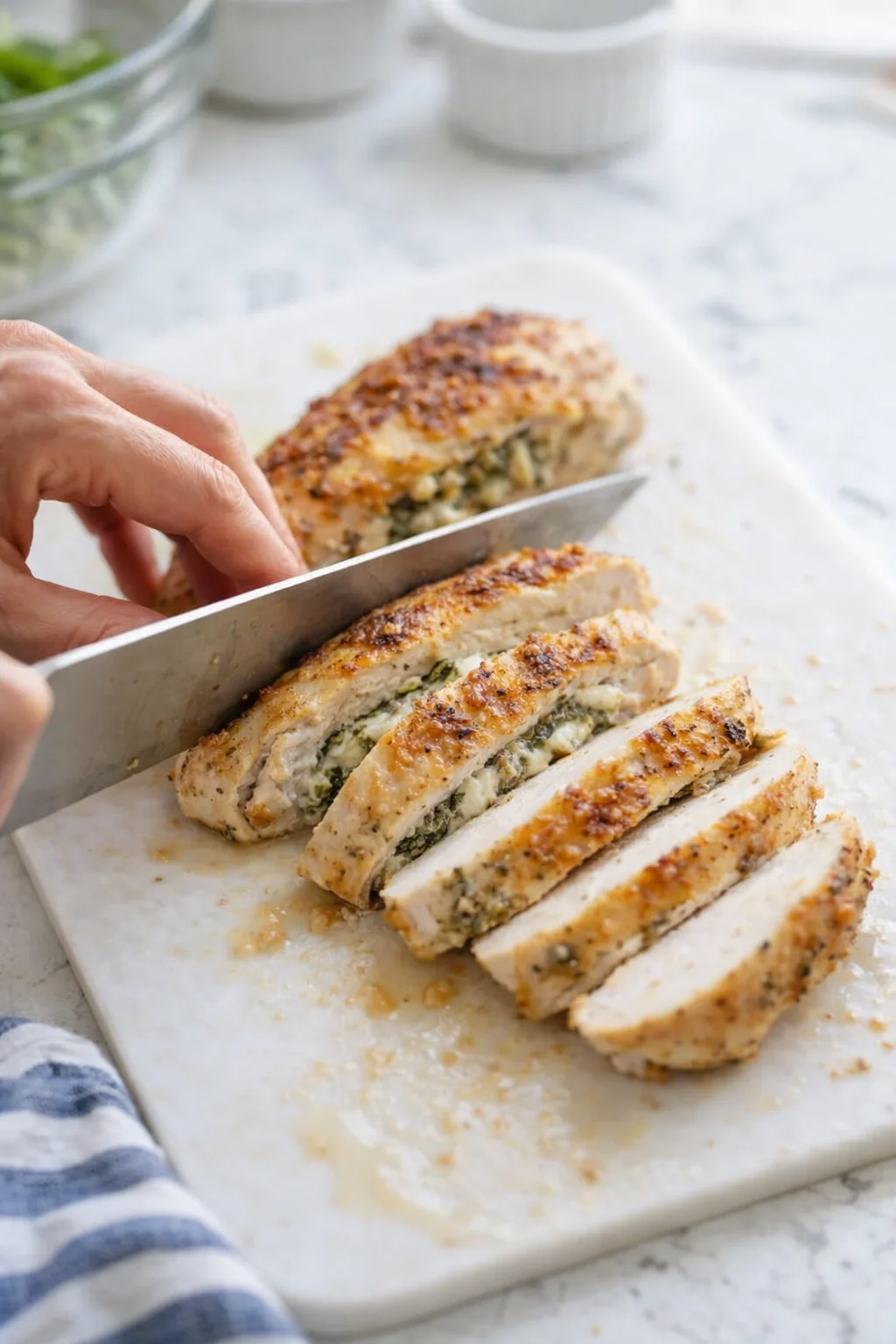 slices of herb-stuffed chicken breast on a marble cutting board with a knife